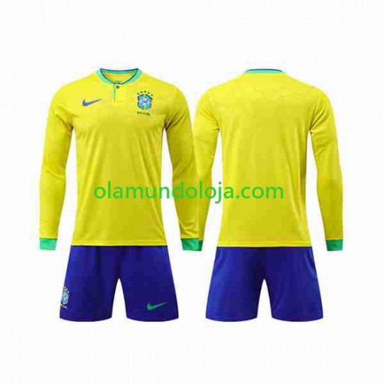 Camisola Brasil Criança Equipamento Primeiro Copa do Mundo 2022 Manga Comprida